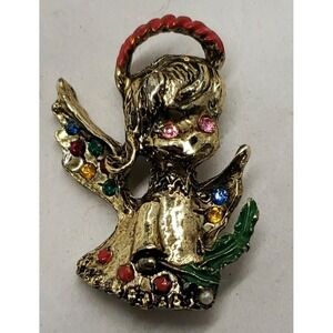 Vintage gold tone rhinestone enamel Christmas holiday ANGEL brooch pin